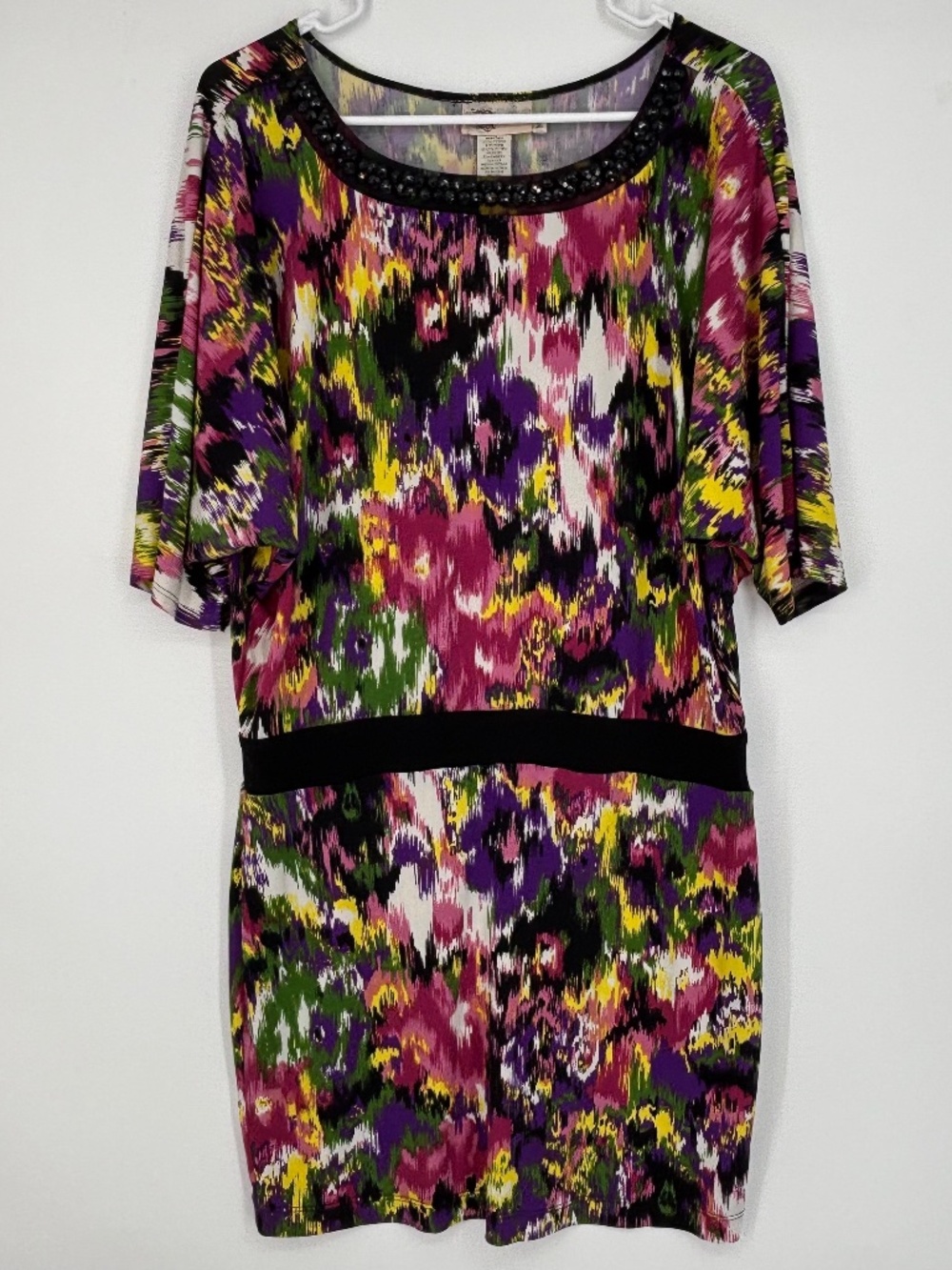 Roulette Womens Meduim Pullover Knit Dress Blouson Waist Multi Color Beaded Neck